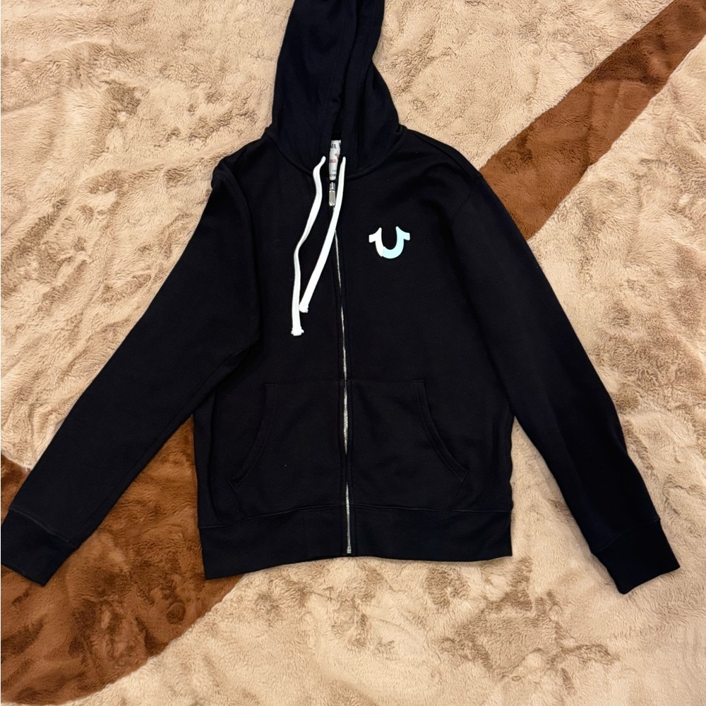 True Religion Black Hoodie Sweater with White Accents